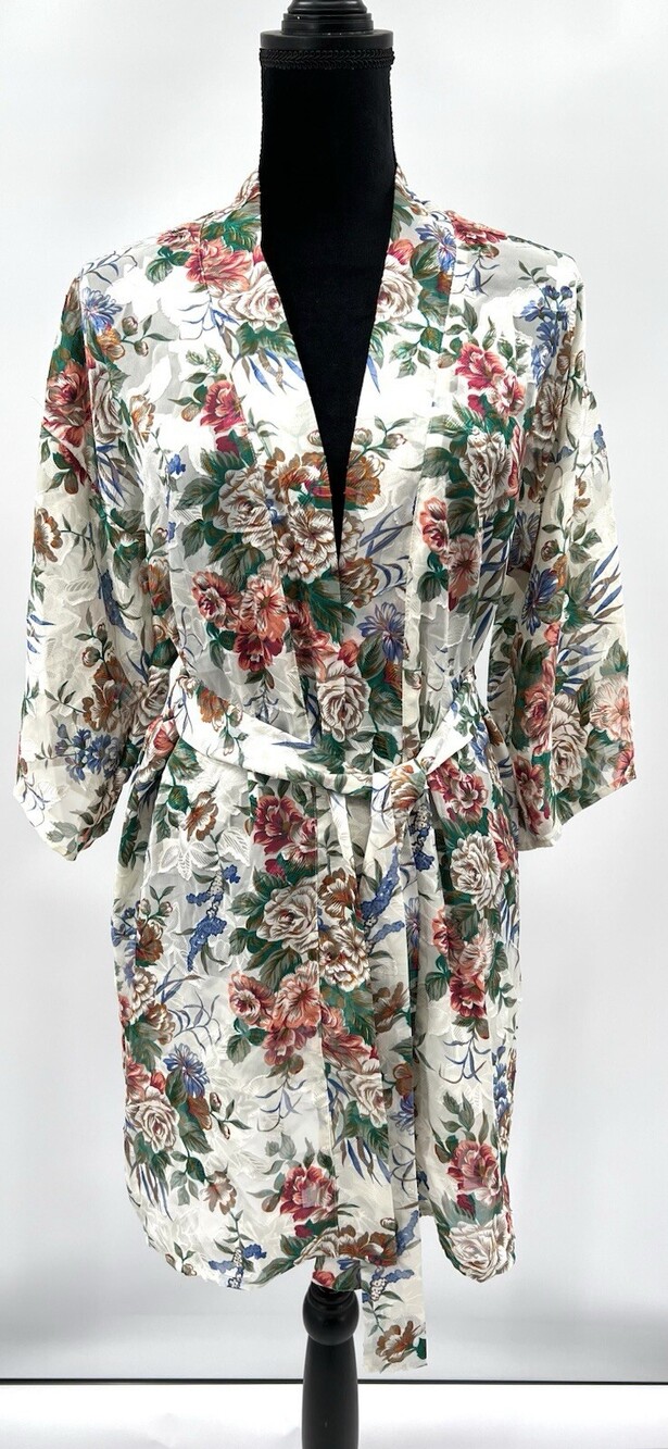 Vintage Lingerie Collection White Floral Polyester Satin Sheer Robe One Size